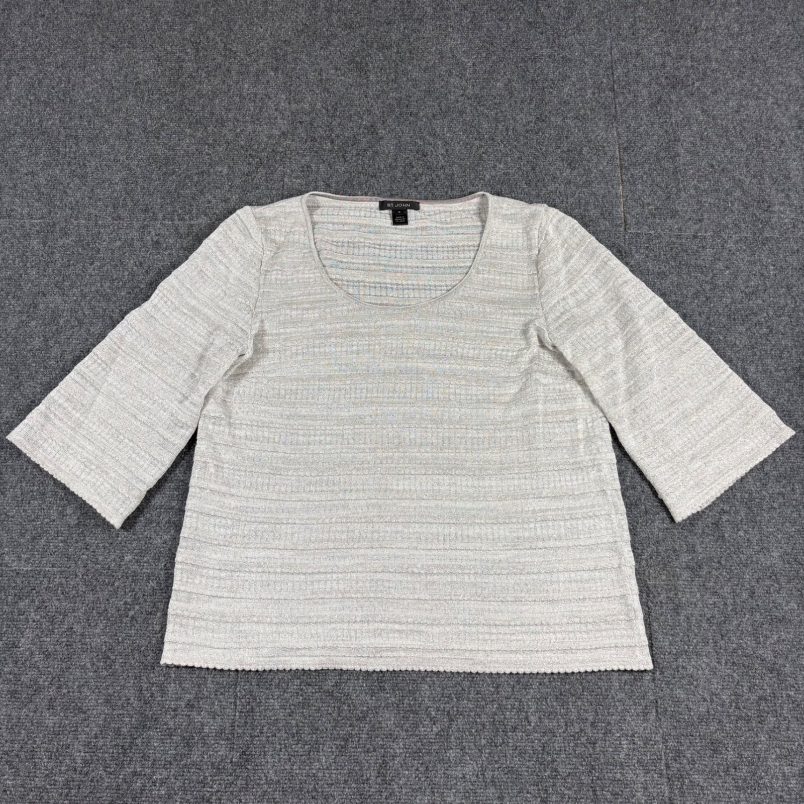 St John Collection Silver Metallic Santana Knit Top Scoop Neck Elbow Sleeve Sz M